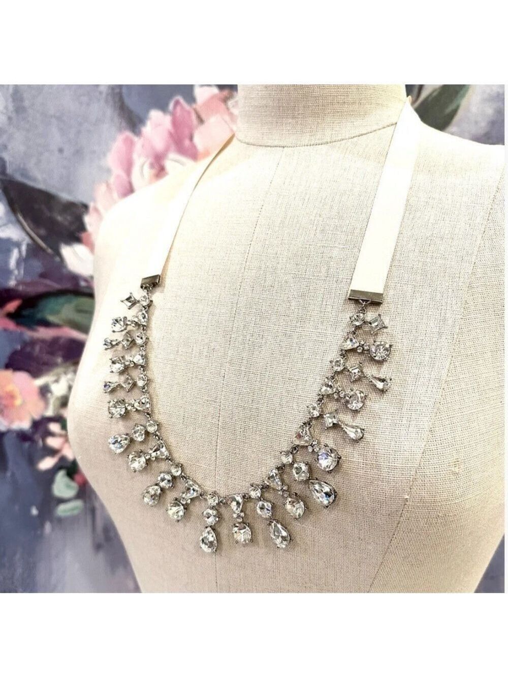 🎀 LOFT 🎀 Pink Ribbon-Tie Crystal Fringe Adjustable Statement Necklace 🎀 NWOT